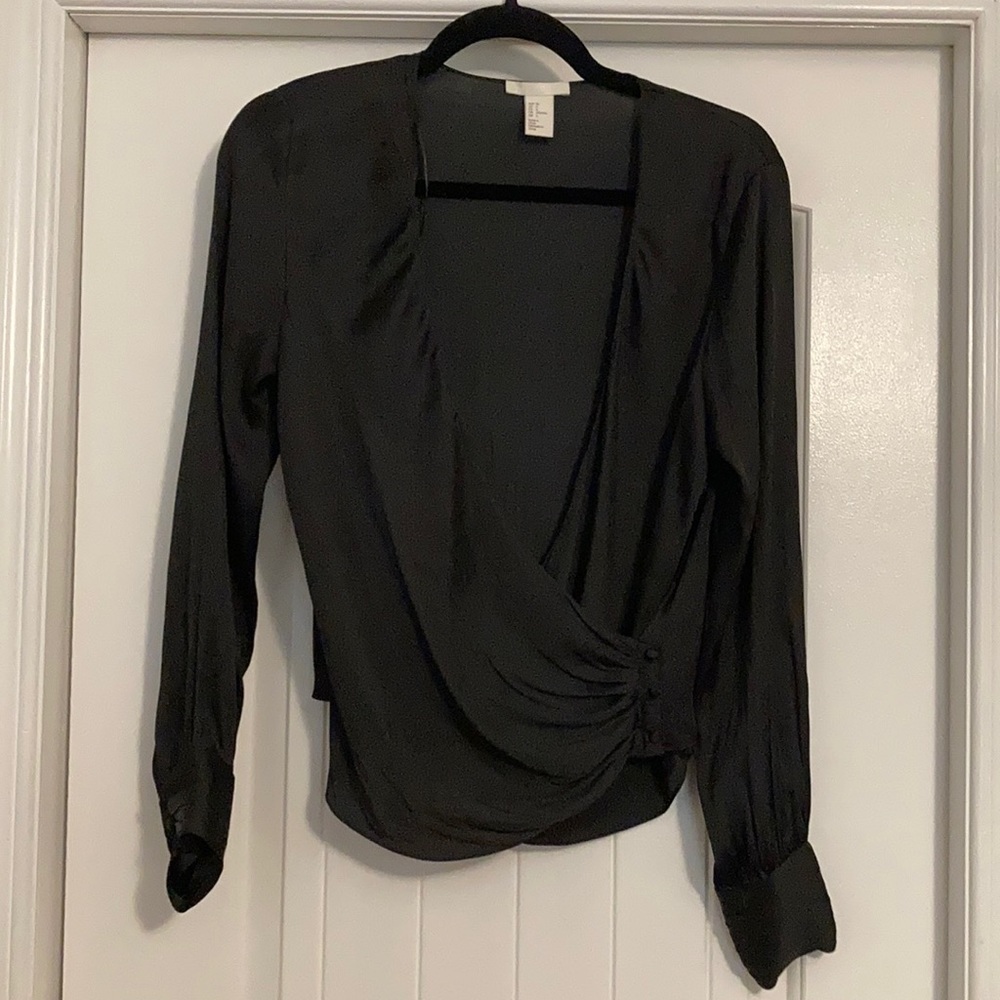 H&M Black Long-sleeve Satin Top